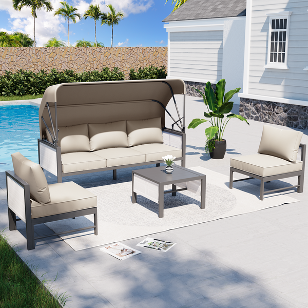 AECOJOY Patio Furniture Set Clearance, 4 Pieces Sectional Outdoor Sofa Chairs, All Weather PE Garden Wicker Rattan Patio Seating Sofas with Cushion, 5 Pillows(Beige)