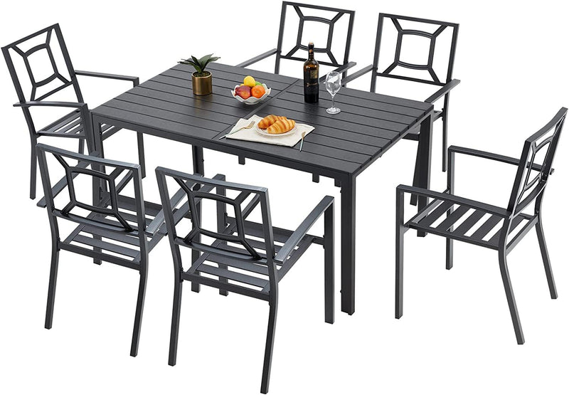 AECOJOY 7 Piece Outdoor Dining Set Patio Furniture Set On Sale Wood Grain Outdoor Table and Chairs on Clearance in Black
