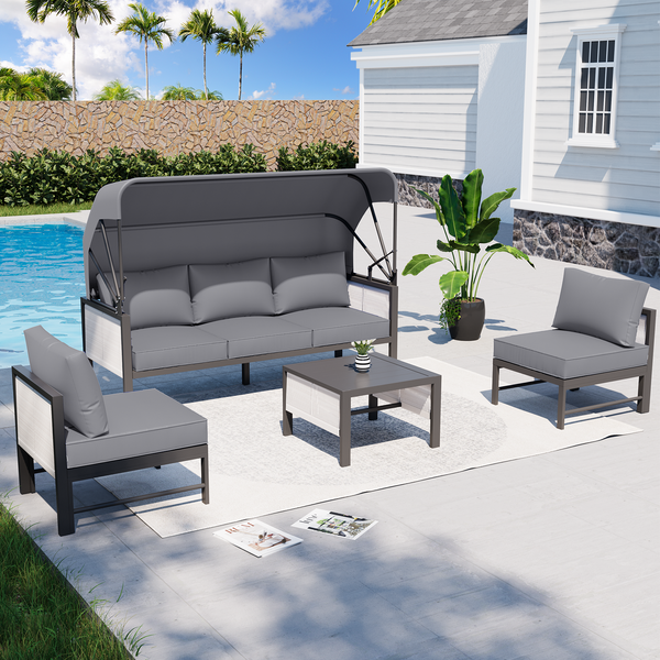 AECOJOY Patio Furniture Set Clearance, 4 Pieces Sectional Outdoor Sofa Chairs, All Weather PE Garden Wicker Rattan Patio Seating Sofas with Cushion, 5 Pillows(Light Gray)