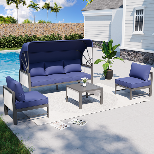AECOJOY Patio Furniture Set Clearance, 4 Pieces Sectional Outdoor Sofa Chairs, All Weather PE Garden Wicker Rattan Patio Seating Sofas with Cushion, 5 Pillows(Navy Blue)