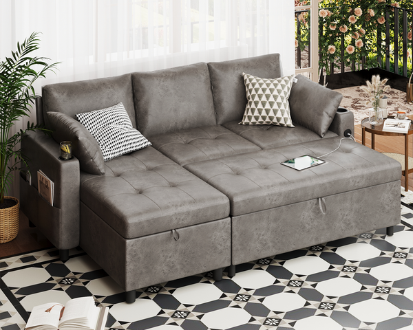 YODOLLA Sofa Bed, 3 in 1 Sleeper Sofa with Storage Chair, Faux Leather L Shape Couch, Sectional Pull Out Sofa Bed Mid Century Modern Couch for Living Room Clearance, Comfy Sleeper Couch in Grey