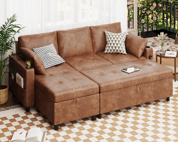 YODOLLA Sofa Bed, 3 in 1 Sleeper Sofa with Storage Chair, Faux Leather L Shape Couch, Sectional Pull Out Sofa Bed Mid Century Modern Couch for Living Room Clearance, Comfy Sleeper Couch in Brown
