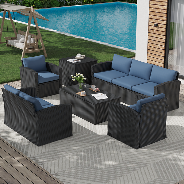 AECOJOY 7 Pieces Outdoor Furniture Set with Two Storage Boxes, Rattan Wicker Sectional Sofa Couch Patio Conversation Set, Black & Navy