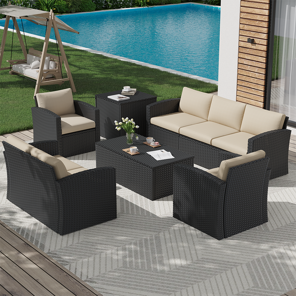 AECOJOY 7 Pieces Outdoor Furniture Set with Two Storage Boxes, Rattan Wicker Sectional Sofa Couch Patio Conversation Set, Black & Biege