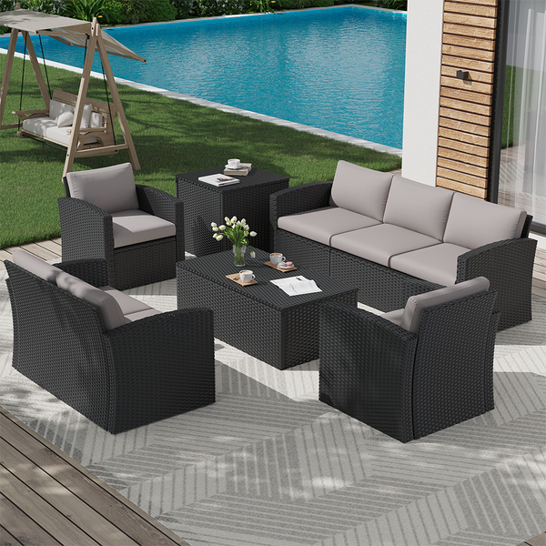 AECOJOY 7 Pieces Outdoor Furniture Set with Two Storage Boxes, Rattan Wicker Sectional Sofa Couch Patio Conversation Set, Black & Gray