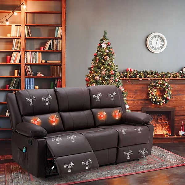 YODOLLA 3 Pieces Recliner Sofa Set with Massage Heated Function, Home Theater Seating Leather Couch Set with Side Pockets, Brown