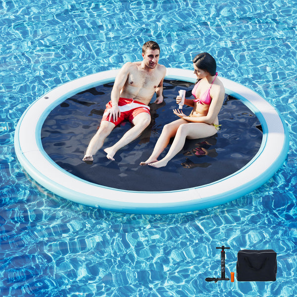 Danrelax 8' Round Inflatable Dock, Sunchill Float Ring, Hammock Tanning Pool with 4in Woven Fabric, Manual Pump for 1-2 Min Quick Inflate/Deflate, Fits 2-8, Ideal for Lakes, Pools, Oceans, White+Blue
