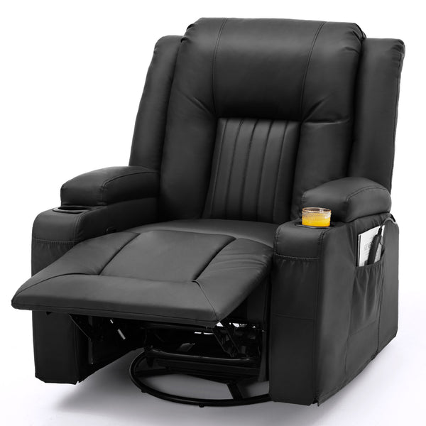YODOLLA Massage Manual Recliner Chair with Heat and Vibration Massage, PU Leather Swivel Rocker Recliner Chair for Adults with 2 Cup Holders, Remote Control-Black