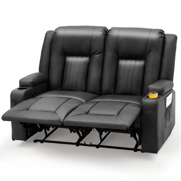 YODOLLA Manual Reclining Loveseat with Cup Holders&Side Pockets, PU Leather Double Recliner Loveseat Home Theater Seating-Black