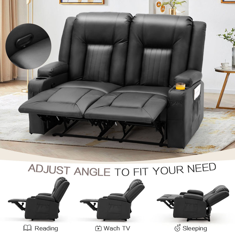YODOLLA Manual Reclining Loveseat with Cup Holders&Side Pockets, PU Leather Double Recliner Loveseat Home Theater Seating-Black