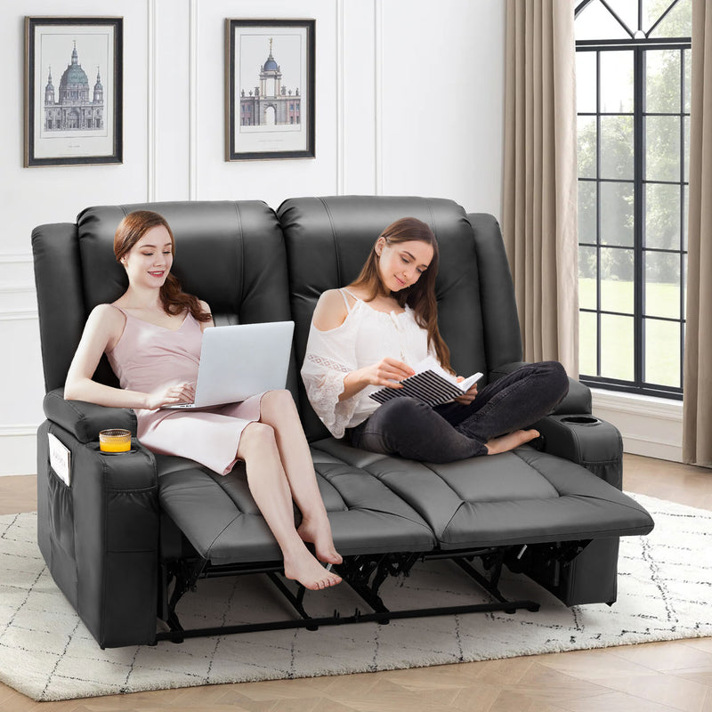 YODOLLA Manual Reclining Loveseat with Cup Holders&Side Pockets, PU Leather Double Recliner Loveseat Home Theater Seating-Black