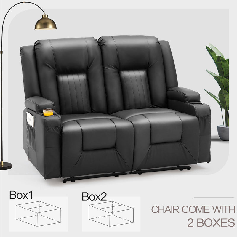 YODOLLA Manual Reclining Loveseat with Cup Holders&Side Pockets, PU Leather Double Recliner Loveseat Home Theater Seating-Black