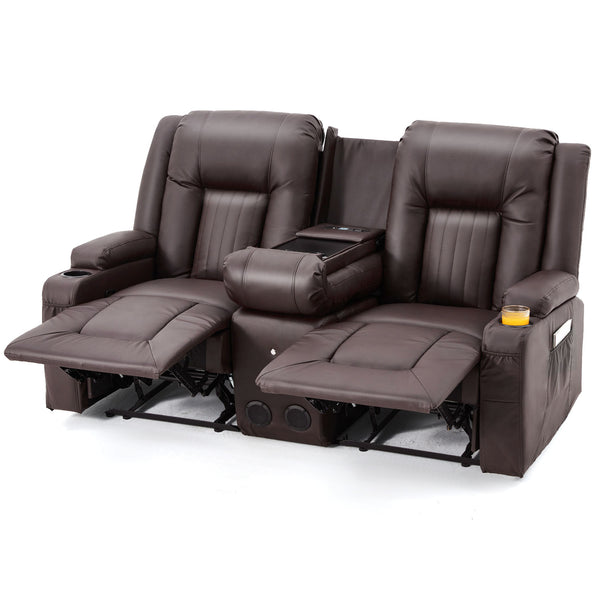 YODOLLA Loveseat Recliners with Console&Bluetooth Speakers, Recliner Chair Reclining Sofa with USB Ports&4 Cup Holders, 2 Side Pockets Wall Hugger Recliner Home Theater Seating, Fuax Leather, Brown