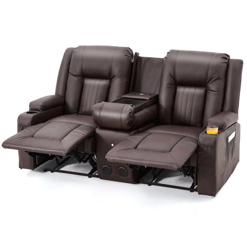 YODOLLA Loveseat Recliners with Console&Bluetooth Speakers, Recliner Chair Reclining Sofa with USB Ports&4 Cup Holders, 2 Side Pockets Wall Hugger Recliner Home Theater Seating, Fuax Leather, Brown