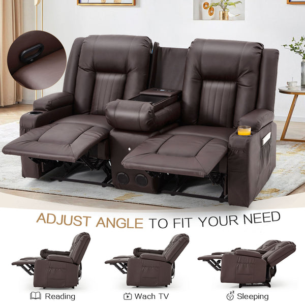 YODOLLA Loveseat Recliners with Console&Bluetooth Speakers, Recliner Chair Reclining Sofa with USB Ports&4 Cup Holders, 2 Side Pockets Wall Hugger Recliner Home Theater Seating, Fuax Leather, Brown