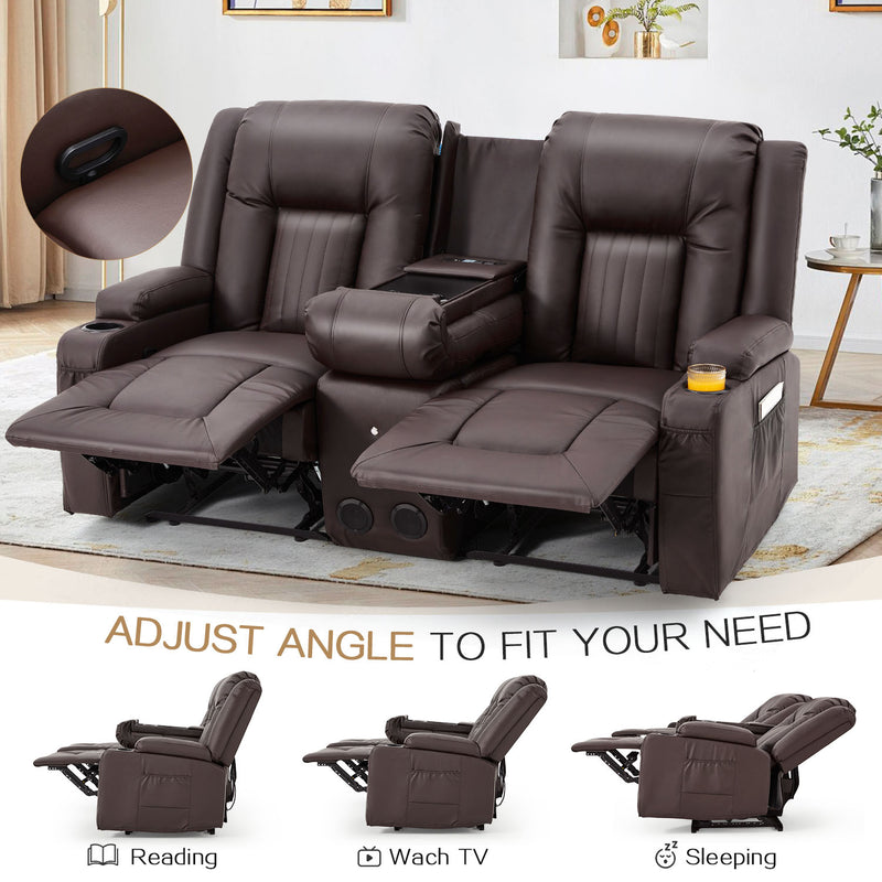 YODOLLA Loveseat Recliners with Console&Bluetooth Speakers, Recliner Chair Reclining Sofa with USB Ports&4 Cup Holders, 2 Side Pockets Wall Hugger Recliner Home Theater Seating, Fuax Leather, Brown