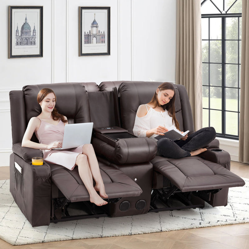 YODOLLA Loveseat Recliners with Console&Bluetooth Speakers, Recliner Chair Reclining Sofa with USB Ports&4 Cup Holders, 2 Side Pockets Wall Hugger Recliner Home Theater Seating, Fuax Leather, Brown