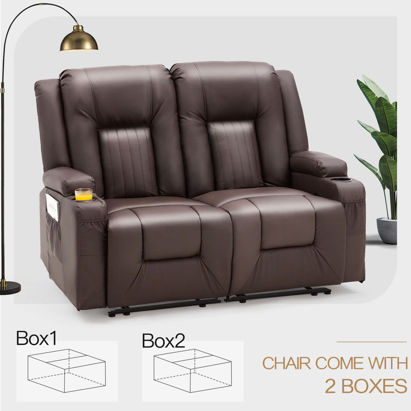 YODOLLA Manual Reclining Loveseat with Cup Holders&Side Pockets, PU Leather Double Recliner Loveseat Home Theater Seating-Brown