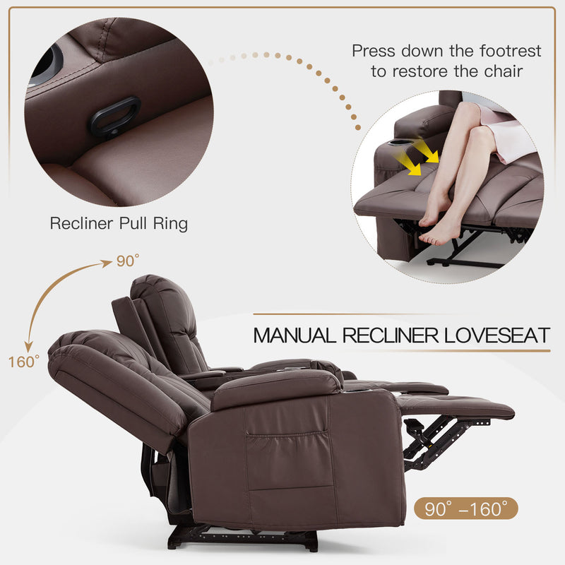 YODOLLA Loveseat Recliners with Console&Bluetooth Speakers, Recliner Chair Reclining Sofa with USB Ports&4 Cup Holders, 2 Side Pockets Wall Hugger Recliner Home Theater Seating, Fuax Leather, Brown