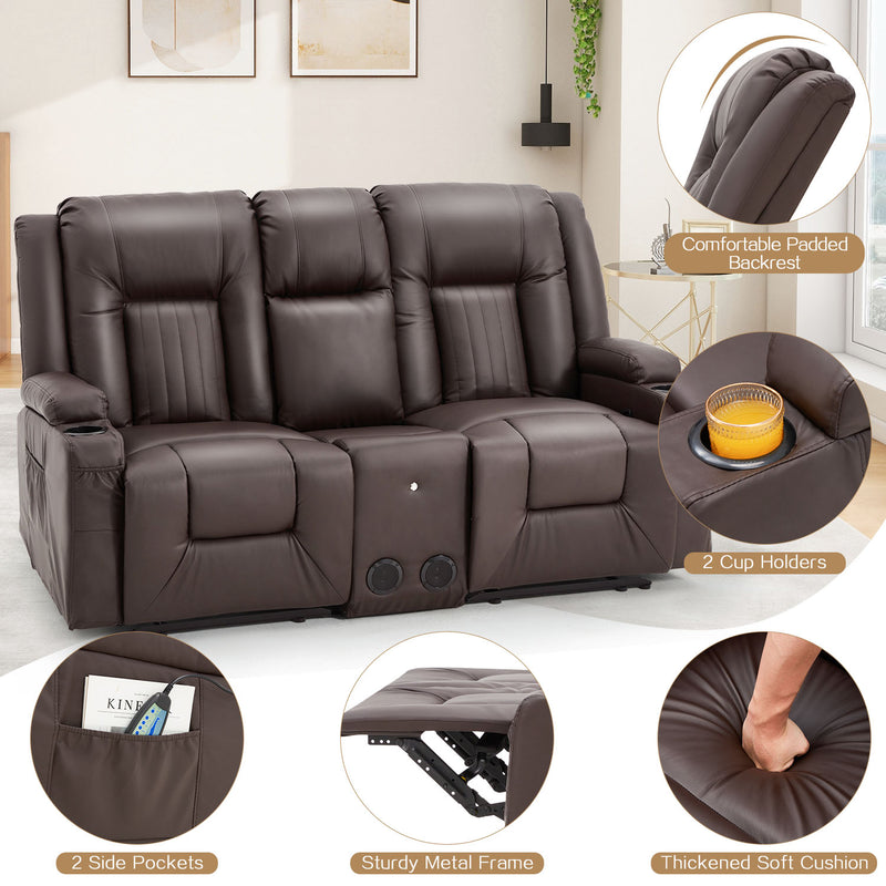 YODOLLA Loveseat Recliners with Console&Bluetooth Speakers, Recliner Chair Reclining Sofa with USB Ports&4 Cup Holders, 2 Side Pockets Wall Hugger Recliner Home Theater Seating, Fuax Leather, Brown