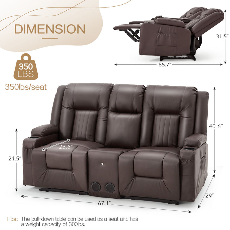 YODOLLA Loveseat Recliners with Console&Bluetooth Speakers, Recliner Chair Reclining Sofa with USB Ports&4 Cup Holders, 2 Side Pockets Wall Hugger Recliner Home Theater Seating, Fuax Leather, Brown