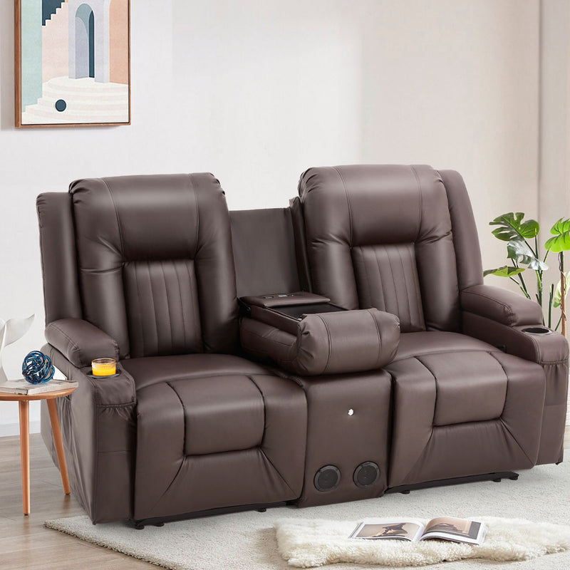 YODOLLA Loveseat Recliners with Console&Bluetooth Speakers, Recliner Chair Reclining Sofa with USB Ports&4 Cup Holders, 2 Side Pockets Wall Hugger Recliner Home Theater Seating, Fuax Leather, Brown