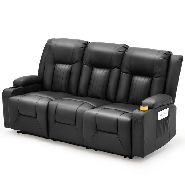 YODOLLA Manual Reclining Sofa with Cup Holders&Side Pockets, PU Leather Home Theater Seating, 3 Seat Recliner Chair for Adults-Black
