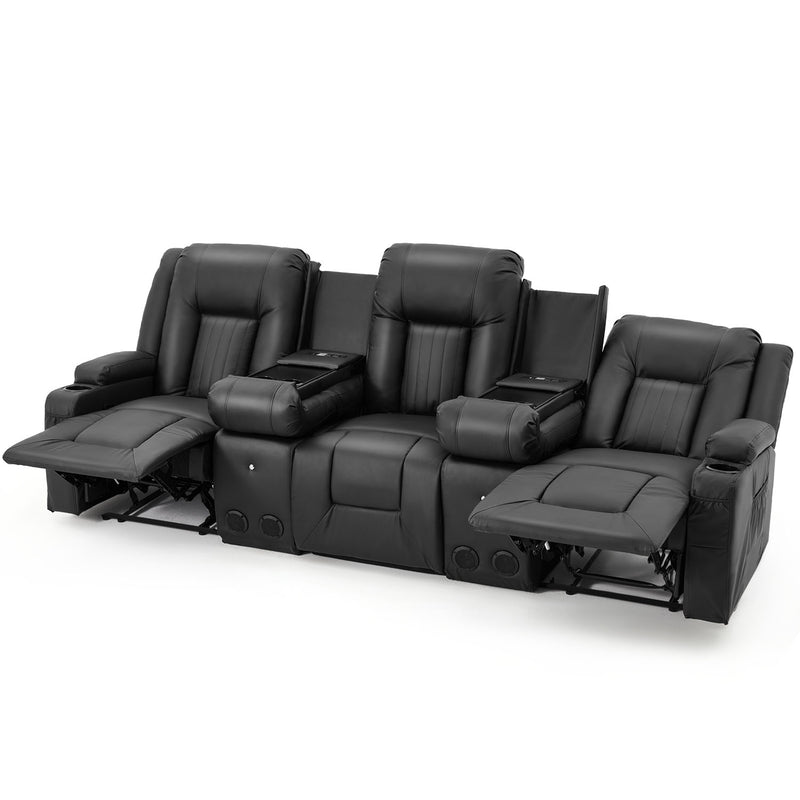 YODOLLA Reclining Sofa with Console&Bluetooth Speakers, Manual RV Recliner Couch with USB Ports&4 Cup Holders, 2 Side Pockets Recliners on Clearance Home Theater Seating, Fuax Leather, Black