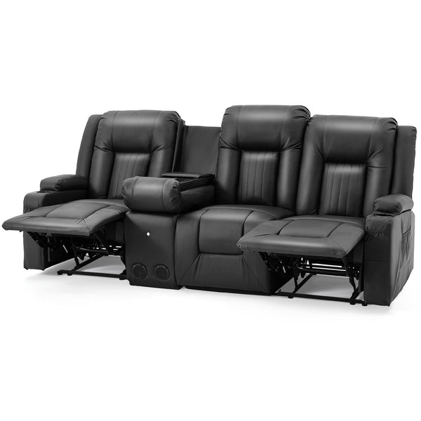 YODOLLA Reclining Sofa with Console&Bluetooth Speakers, Manual RV Recliner Couch with USB Ports&4 Cup Holders, 2 Side Pockets Recliners on Clearance Home Theater Seating, Fuax Leather, Black