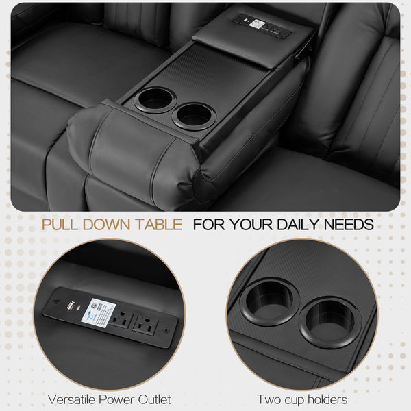 YODOLLA Reclining Sofa with Console&Bluetooth Speakers, Manual RV Recliner Couch with USB Ports&4 Cup Holders, 2 Side Pockets Recliners on Clearance Home Theater Seating, Fuax Leather, Black