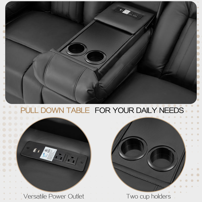 YODOLLA Reclining Sofa with Console&Bluetooth Speakers, Manual RV Recliner Couch with USB Ports&4 Cup Holders, 2 Side Pockets Recliners on Clearance Home Theater Seating, Fuax Leather, Black