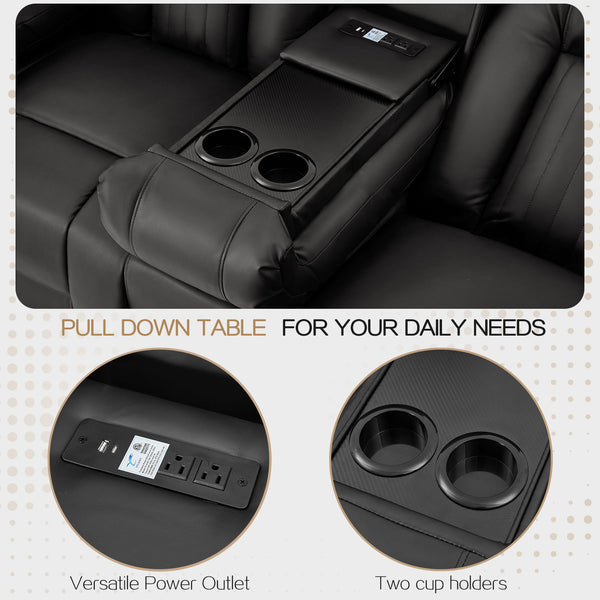 YODOLLA Reclining Sofa with Console&Bluetooth Speakers, Manual RV Recliner Couch with USB Ports&4 Cup Holders, 2 Side Pockets Recliners on Clearance Home Theater Seating, Fuax Leather, Black