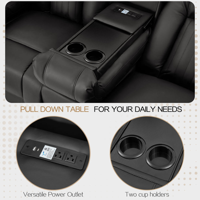 YODOLLA Reclining Sofa with Console&Bluetooth Speakers, Manual RV Recliner Couch with USB Ports&4 Cup Holders, 2 Side Pockets Recliners on Clearance Home Theater Seating, Fuax Leather, Black