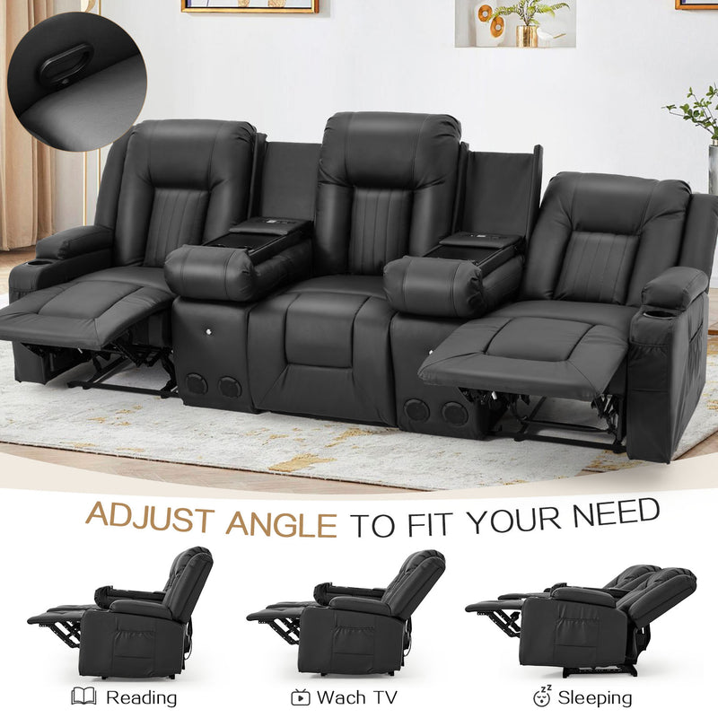 YODOLLA Reclining Sofa with Console&Bluetooth Speakers, Manual RV Recliner Couch with USB Ports&4 Cup Holders, 2 Side Pockets Recliners on Clearance Home Theater Seating, Fuax Leather, Black
