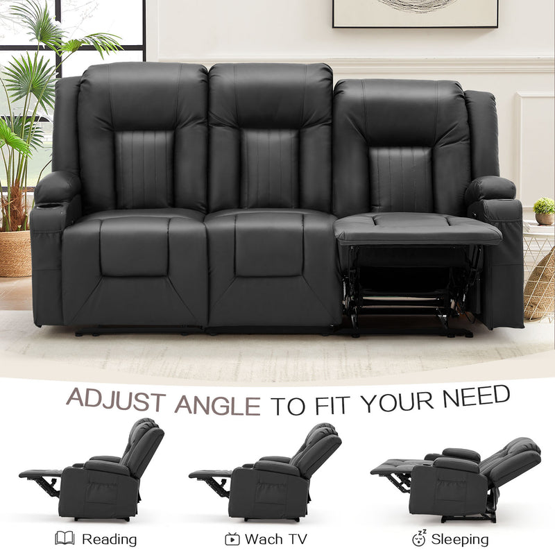 AECOJOY Manual Reclining Sofa with Cup Holders&Side Pockets, PU Leather Home Theater Seating, 3 Seat Recliner Chair for Adults-Black
