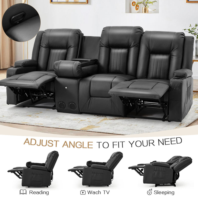 YODOLLA Reclining Sofa with Console&Bluetooth Speakers, Manual RV Recliner Couch with USB Ports&4 Cup Holders, 2 Side Pockets Recliners on Clearance Home Theater Seating, Fuax Leather, Black