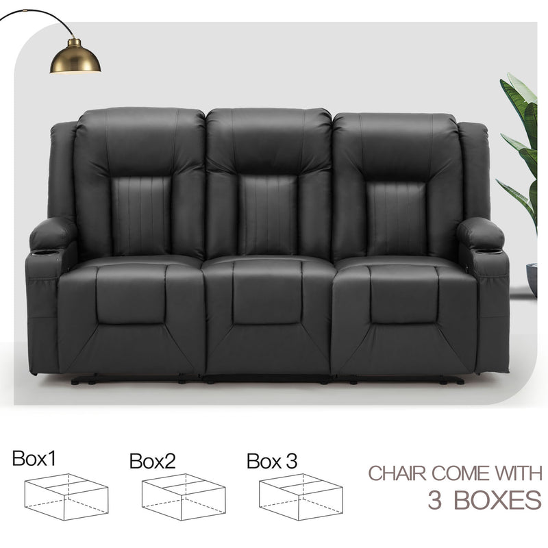 YODOLLA Manual Reclining Sofa with Cup Holders&Side Pockets, PU Leather Home Theater Seating, 3 Seat Recliner Chair for Adults-Black