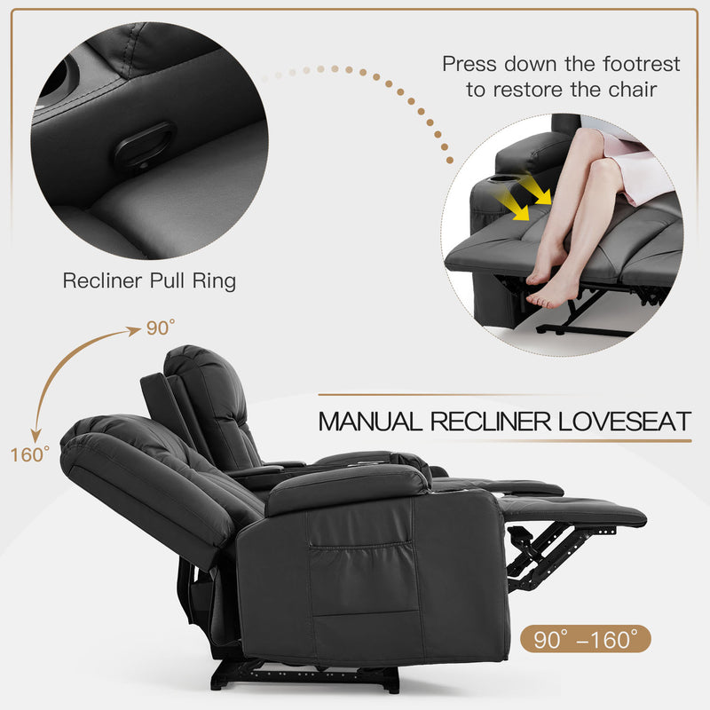 YODOLLA Reclining Sofa with Console&Bluetooth Speakers, Manual RV Recliner Couch with USB Ports&4 Cup Holders, 2 Side Pockets Recliners on Clearance Home Theater Seating, Fuax Leather, Black