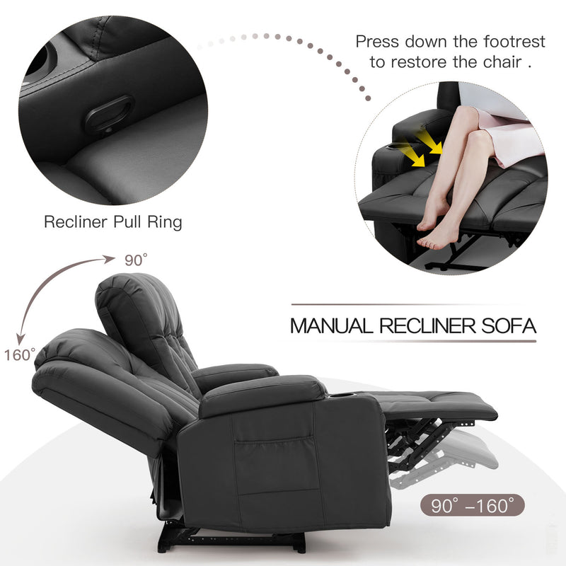 YODOLLA Manual Reclining Sofa with Cup Holders&Side Pockets, PU Leather Home Theater Seating, 3 Seat Recliner Chair for Adults-Black