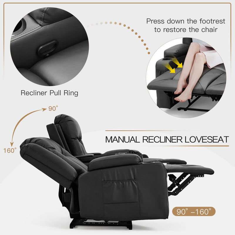 YODOLLA Reclining Sofa with Console&Bluetooth Speakers, Manual RV Recliner Couch with USB Ports&4 Cup Holders, 2 Side Pockets Recliners on Clearance Home Theater Seating, Fuax Leather, Black