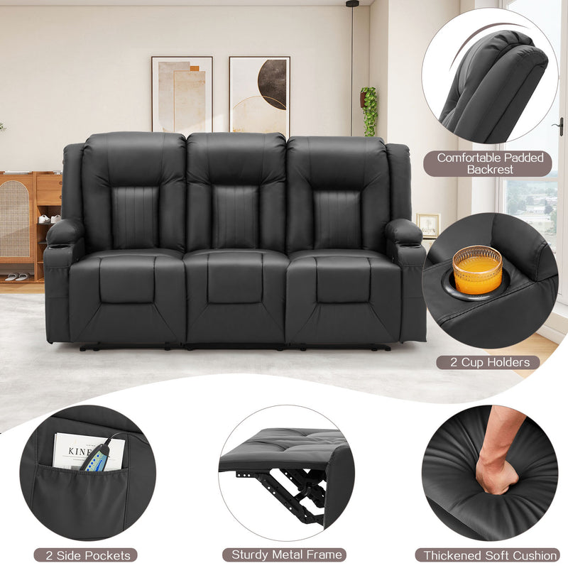 YODOLLA Manual Reclining Sofa with Cup Holders&Side Pockets, PU Leather Home Theater Seating, 3 Seat Recliner Chair for Adults-Black