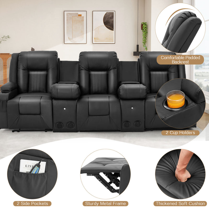 YODOLLA Reclining Sofa with Console&Bluetooth Speakers, Manual RV Recliner Couch with USB Ports&4 Cup Holders, 2 Side Pockets Recliners on Clearance Home Theater Seating, Fuax Leather, Black