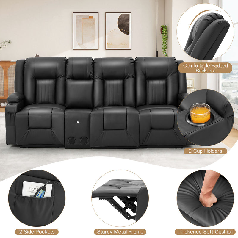 YODOLLA Reclining Sofa with Console&Bluetooth Speakers, Manual RV Recliner Couch with USB Ports&4 Cup Holders, 2 Side Pockets Recliners on Clearance Home Theater Seating, Fuax Leather, Black