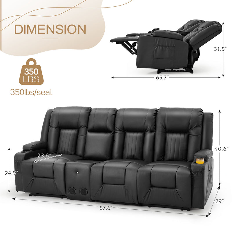 YODOLLA Reclining Sofa with Console&Bluetooth Speakers, Manual RV Recliner Couch with USB Ports&4 Cup Holders, 2 Side Pockets Recliners on Clearance Home Theater Seating, Fuax Leather, Black