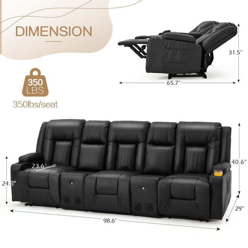 YODOLLA Reclining Sofa with Console&Bluetooth Speakers, Manual RV Recliner Couch with USB Ports&4 Cup Holders, 2 Side Pockets Recliners on Clearance Home Theater Seating, Fuax Leather, Black