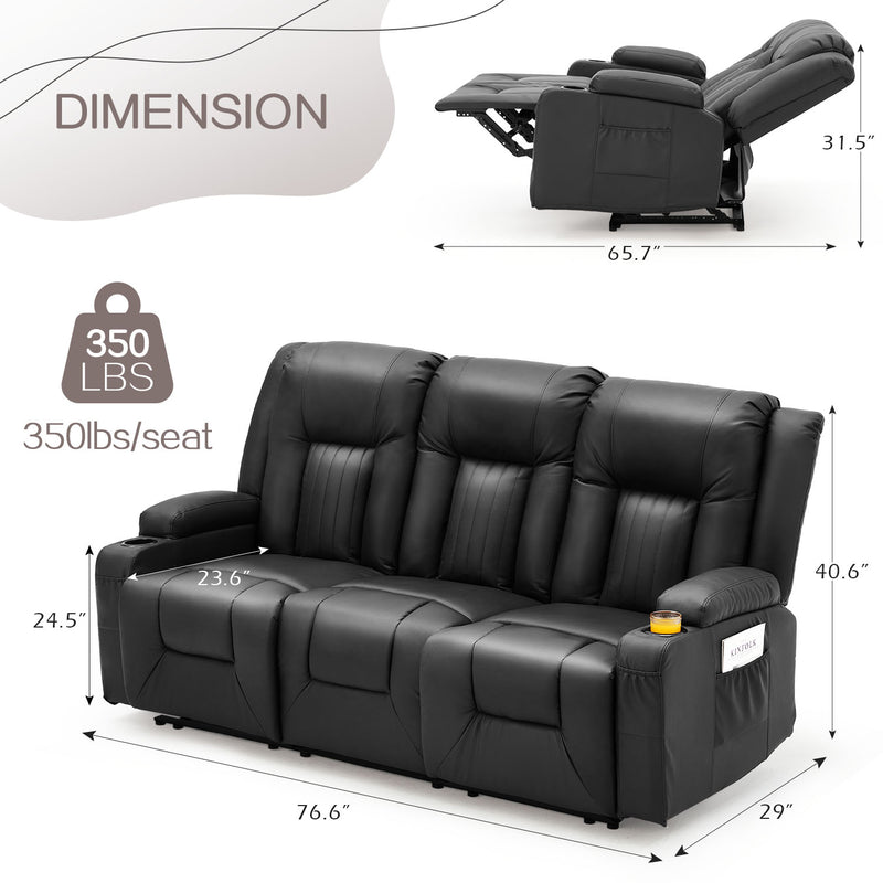 AECOJOY Manual Reclining Sofa with Cup Holders&Side Pockets, PU Leather Home Theater Seating, 3 Seat Recliner Chair for Adults-Black