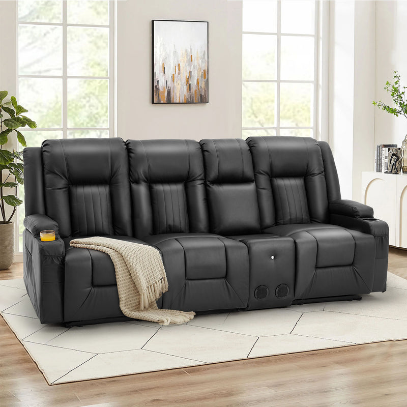 YODOLLA Reclining Sofa with Console&Bluetooth Speakers, Manual RV Recliner Couch with USB Ports&4 Cup Holders, 2 Side Pockets Recliners on Clearance Home Theater Seating, Fuax Leather, Black