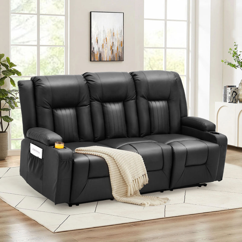 AECOJOY Manual Reclining Sofa with Cup Holders&Side Pockets, PU Leather Home Theater Seating, 3 Seat Recliner Chair for Adults-Black