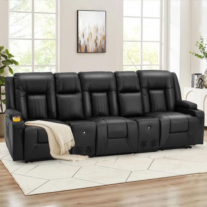 YODOLLA Reclining Sofa with Console&Bluetooth Speakers, Manual RV Recliner Couch with USB Ports&4 Cup Holders, 2 Side Pockets Recliners on Clearance Home Theater Seating, Fuax Leather, Black