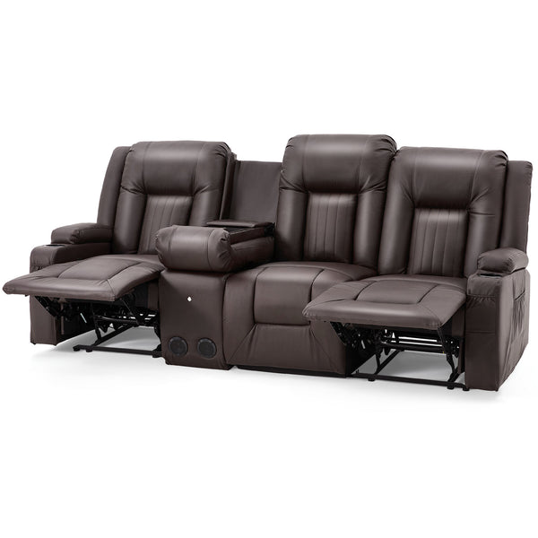 YODOLLA Reclining Sofa with Console&Bluetooth Speakers, Manual RV Recliner Couch with USB Ports&4 Cup Holders, 2 Side Pockets Recliners on Clearance Home Theater Seating, Fuax Leather, Brown